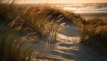 zonsondergang over- zand duinen, golven Botsing hieronder gegenereerd door ai foto