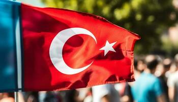 menigte Holding Turks vlag viert nationaal mijlpaal met patriottisme en trots gegenereerd door ai foto