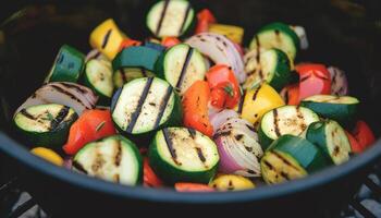 gegrild groente spiesjes met biologisch vlees, klok peper en squash gegenereerd door ai foto