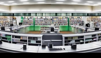 overvloed van literatuur Aan boekenplank binnen modern school- gebouw gegenereerd door ai foto