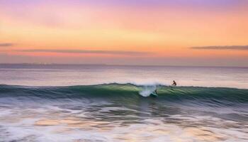 surfing mannen vangst golven Bij schemering, genieten van extreem sport pret gegenereerd door ai foto