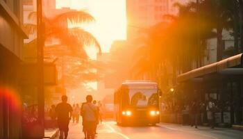 stad leven haast door net zo de bus snelheden naar zonsondergang gegenereerd door ai foto