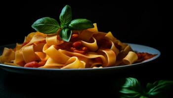 gezond Italiaans pasta maaltijd met vers tomaat en kruid ingrediënten gegenereerd door ai foto