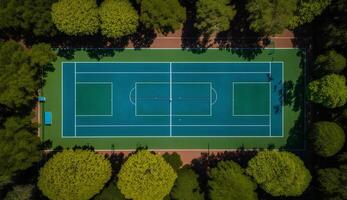 groen tennis bal Aan gras veld- buitenshuis ,generatief ai foto