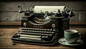 antiek schrijfmachine Aan houten tafel, rustiek achtergrond ,generatief ai foto