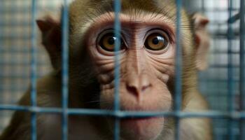 schattig jong makaak zitten, staren door kooi gegenereerd door ai foto