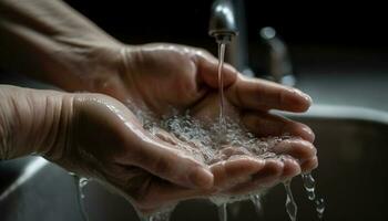 schoon hand- gieten water van wastafel kraan gegenereerd door ai foto