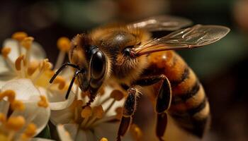 bezig honing bij verzamelen stuifmeel van bloem gegenereerd door ai foto