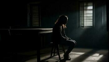 jong vrouw zit in donker, eenzaam leed gegenereerd door ai foto