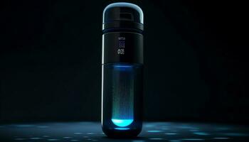 glimmend glas fles weerspiegelt blauw vloeistof elegantie gegenereerd door ai foto