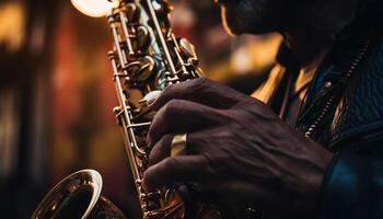 menselijk handen Holding glimmend messing wind instrumenten het uitvoeren van gegenereerd door ai foto