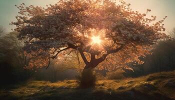 zonsondergang silhouet, herfst Woud, rustig schoonheid in natuur gegenereerd door ai foto