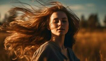 mooi vrouw blazen haar- in zomer zonsondergang gegenereerd door ai foto