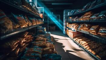 overvloed van vers boodschappen in supermarkt schappen gegenereerd door ai foto