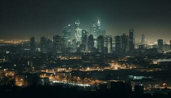 gloeiend stad horizon Bij nacht, reflecterend Aan water gegenereerd door ai foto