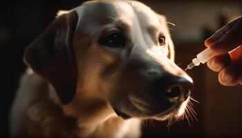 rasecht labrador puppy gehouden door zorgzaam eigenaar buitenshuis gegenereerd door ai foto