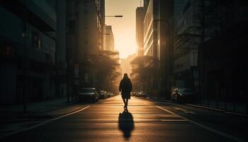 silhouetten stormloop door stad, achtervolgen verdwijnen zon gegenereerd door ai foto