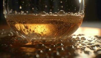 whisky gieten in glas, reflecterend bar goud gegenereerd door ai foto