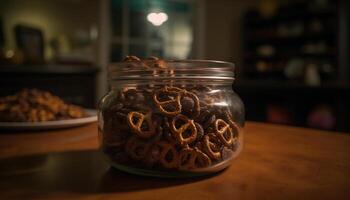 stack van eigengemaakt koekjes Aan rustiek houten tafel gegenereerd door ai foto