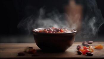 biologisch fruit kom Aan houten tafel, gezond fijnproever tussendoortje variatie gegenereerd door ai foto