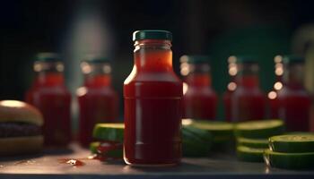 vers biologisch groente en fruit maaltijd Aan houten tafel met drinken gegenereerd door ai foto