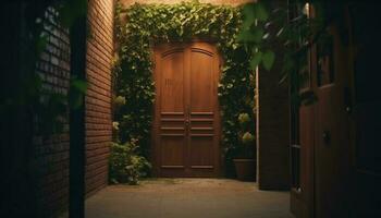 rustiek Ingang met oud fashioned deur, omringd door natuur elegantie gegenereerd door ai foto