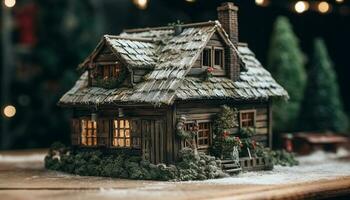 rustiek winter viering Kerstmis decoratie Aan oud huisje venster gegenereerd door ai foto