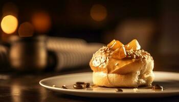 vers gebakken brood en zoet chocola saus Aan een bord gegenereerd door ai foto