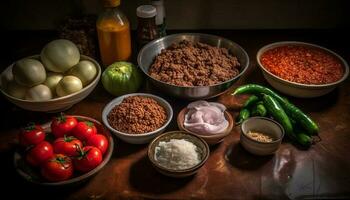 gezond vegetarisch maaltijd met vers biologisch ingrediënten en pittig Chili peper gegenereerd door ai foto