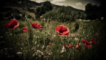 levendig wilde bloemen weide, een zonsondergang schoonheid in natuur eenvoud gegenereerd door ai foto