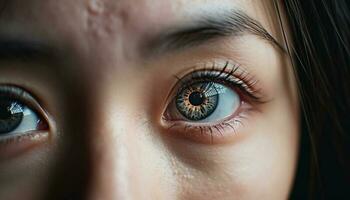 mooi Kaukasisch vrouw staren met blauw ogen in dichtbij omhoog portret gegenereerd door ai foto