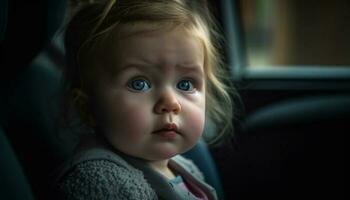 schattig baby meisje zittend in auto, op zoek uit venster gelukkig gegenereerd door ai foto