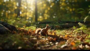 pluizig zoogdier zit Aan tak, aan het eten eikel- in herfst Woud gegenereerd door ai foto
