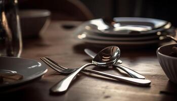 rustiek elegantie een modern fijnproever maaltijd reeks Aan houten tafel gegenereerd door ai foto