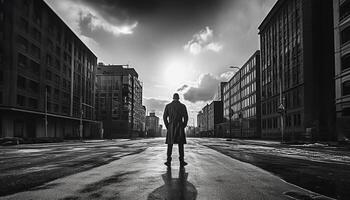 een eenzaam zakenman staat in de stad, reflecterend Aan succes gegenereerd door ai foto
