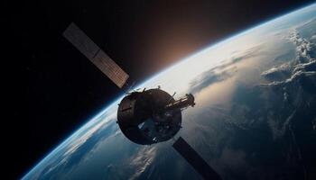 ruimteschip in een baan om de aarde planeet aarde, verkennen buitenste ruimte met Geavanceerd technologie gegenereerd door ai foto