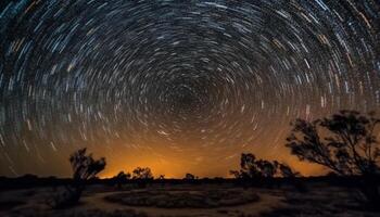 silhouet spinnen in ontzag, bewonderend de helder ster spoor patroon gegenereerd door ai foto