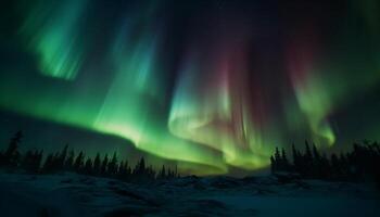 silhouet van mannen Aan berg piek, verlichte door Aurora polaris gegenereerd door ai foto