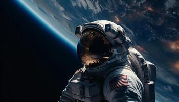 een astronaut onderzoekt de donker, blauw heelal in zijn ruimteschip gegenereerd door ai foto