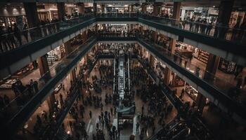 in de futuristische op te slaan, mannen wandelen in druk, verlichte stadsgezicht gegenereerd door ai foto