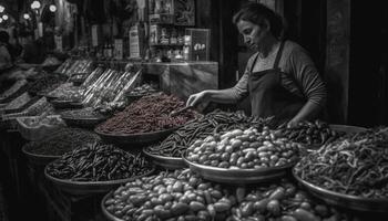 een vrouw verkoop vers biologisch fruit Bij een straat markt gegenereerd door ai foto