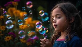 vrolijk meisje blazen bubbels, genieten van zorgeloos kinderjaren in natuur schoonheid gegenereerd door ai foto