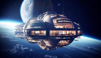 futuristische ruimteschip zweeft in donker buitenste ruimte, verkennen melkachtig manier gegenereerd door ai foto