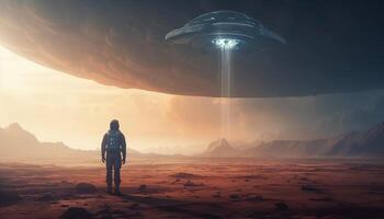 staand astronaut onderzoekt futuristische heelal in digitaal gegenereerd beeld avontuur gegenereerd door ai foto
