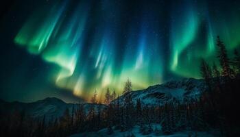 majestueus berg top verlichte door multi gekleurde ster spoor Bij schemer gegenereerd door ai foto