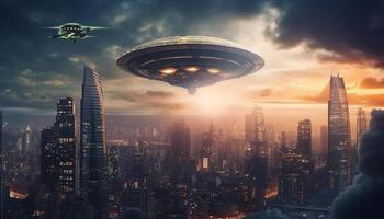 futuristische wolkenkrabber stadsgezicht Bij nacht, vliegend technologie en architectuur gegenereerd door ai foto