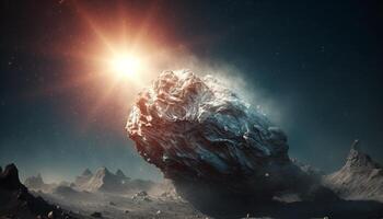 majestueus berg reeks voldoet aan heelal in futuristische ruimte exploratie avontuur gegenereerd door ai foto