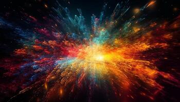 futuristische blauw heelal exploderend met levendig kleuren en ster vormen gegenereerd door ai foto