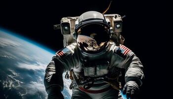 ruimte pak uitgerust, een astronaut onderzoekt de melkachtig manier heelal gegenereerd door ai foto