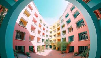 de modern gebouw facade Kenmerken multi gekleurde ramen met uitzicht de stadsgezicht gegenereerd door ai foto